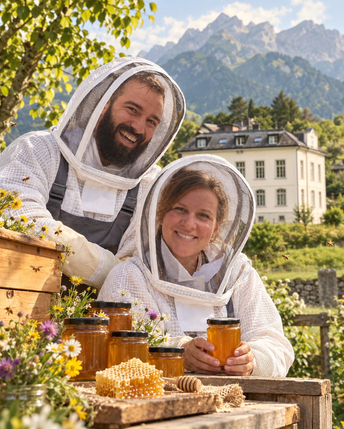 Toni und Shana Jenny in Imkerkleidern mit Honig vor ihrem Haus in Sool